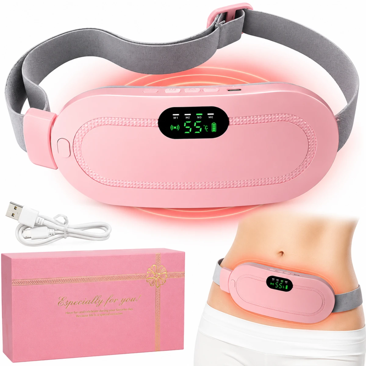 Smart Heating Pain Relief Belt Fast Heating Rechargeable Waist Heating Pad with 3 Heat Levels, Comfortable Fit, Lightweight Design, Natural Warm Therapy for Period Pain, Abdominal Cramps and Muscle Relaxation